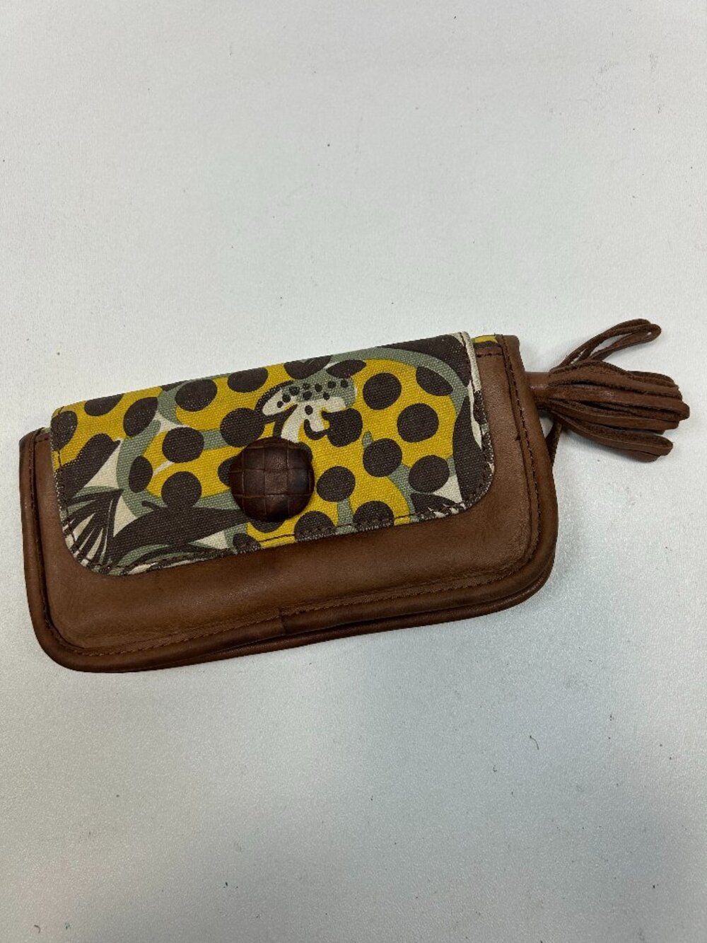 Anthropolgie LUCKY PENNY Leather Canvas Wallet Lg Button Detail Yellow & Brown